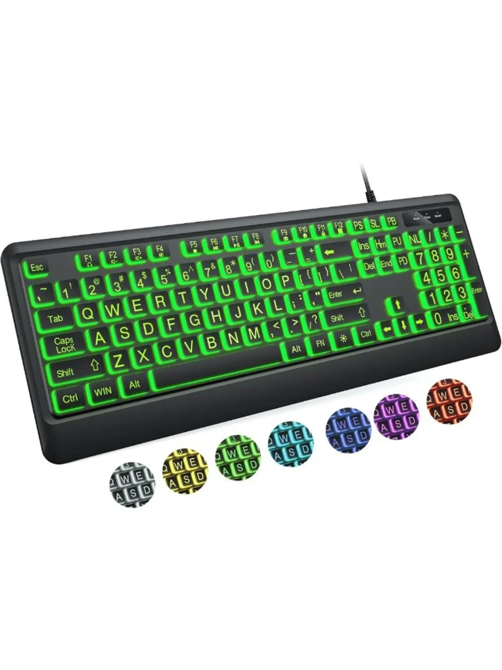 Large Print USB Wired Keyboard - 7 Backlight Colors, Foldable Stand, PC/Laptop